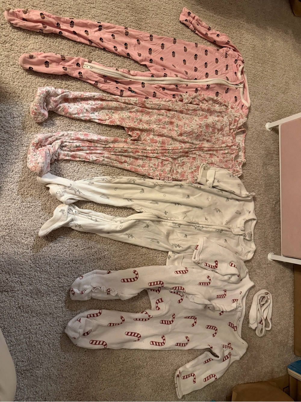 Mixed Baby Footed Pajama Bundle - Pink, Floral, White, Candy Cane
